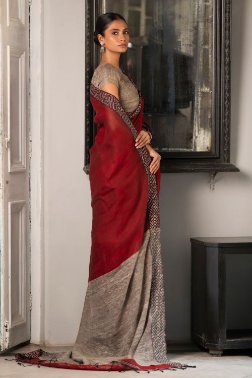 TICH Elegant Kantha Embroidered Handwoven Bengal Linen Saree - Rosebay