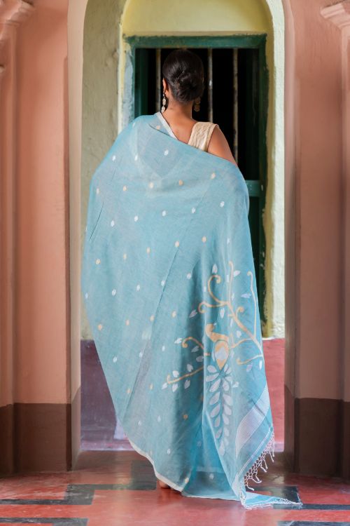 TICH Exclusive Soft Handwoven Bengal Cotton Jamdani Saree - Blue Raga