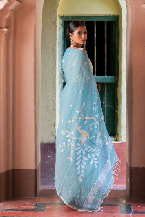 TICH Exclusive Soft Handwoven Bengal Cotton Jamdani Saree - Blue Raga