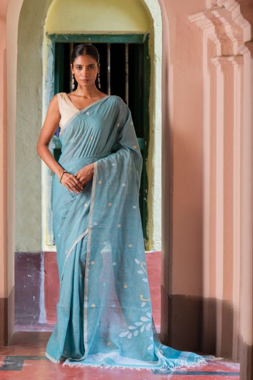 TICH Exclusive Soft Handwoven Bengal Cotton Jamdani Saree - Blue Raga
