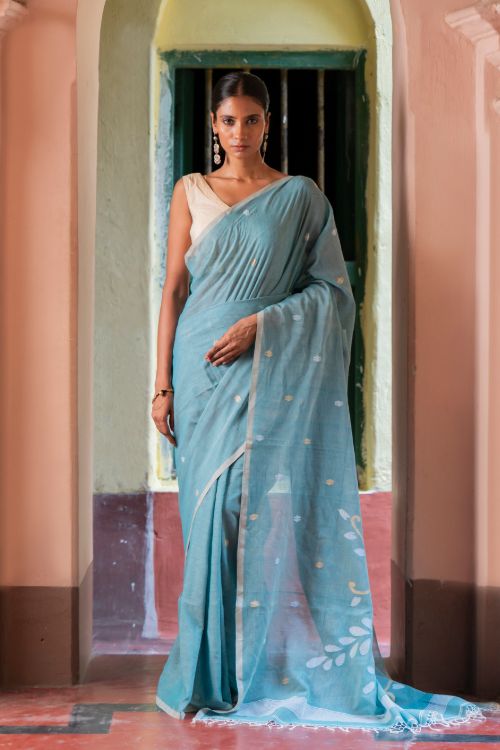 TICH Exclusive Soft Handwoven Bengal Cotton Jamdani Saree - Blue Raga