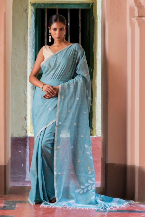 TICH Exclusive Soft Handwoven Bengal Cotton Jamdani Saree - Blue Raga