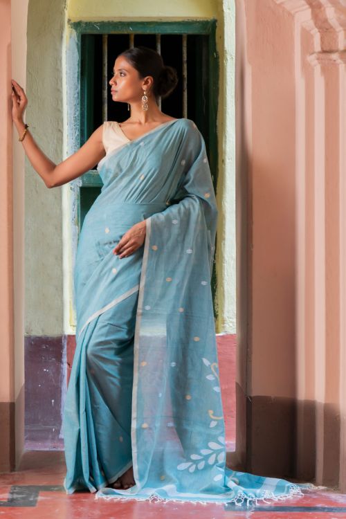 TICH Exclusive Soft Handwoven Bengal Cotton Jamdani Saree - Blue Raga