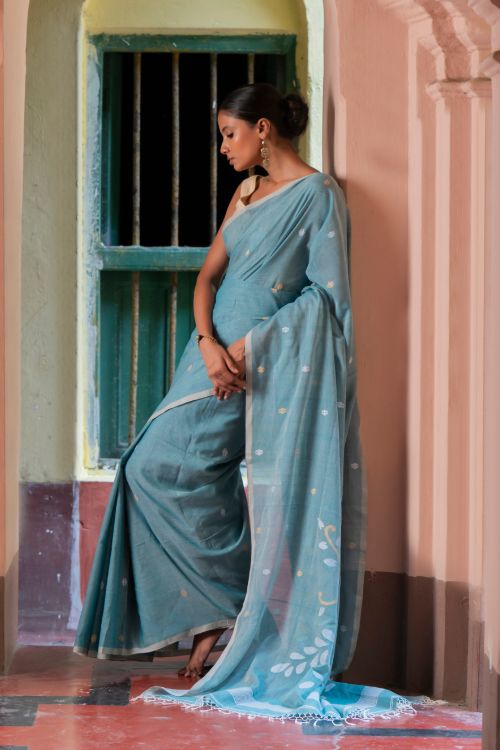 TICH Exclusive Soft Handwoven Bengal Cotton Jamdani Saree - Blue Raga
