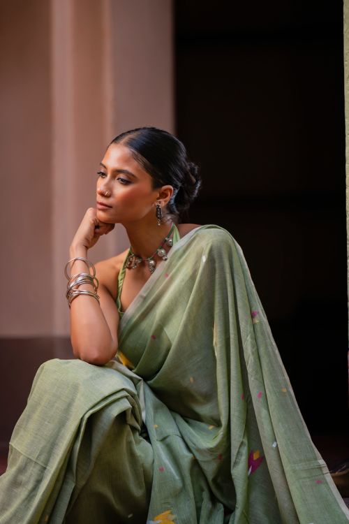 TICH Exclusive Soft Handwoven Bengal Cotton Jamdani Saree - Pakher Bhor