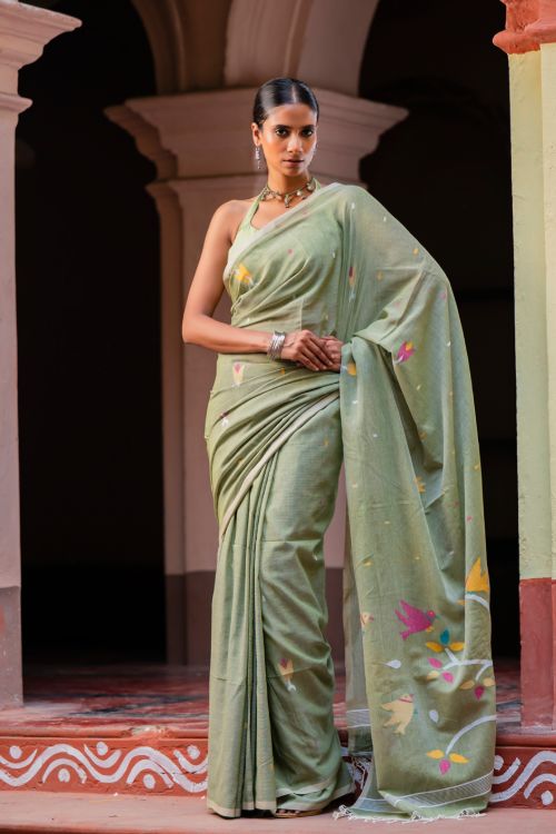 TICH Exclusive Soft Handwoven Bengal Cotton Jamdani Saree - Pakher Bhor
