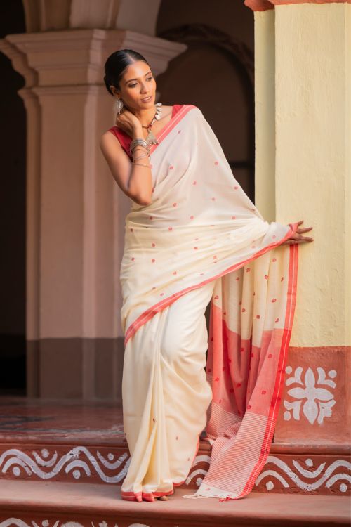 TICH Exclusive Soft Handwoven Bengal Cotton Jamdani Saree - Classic Dots