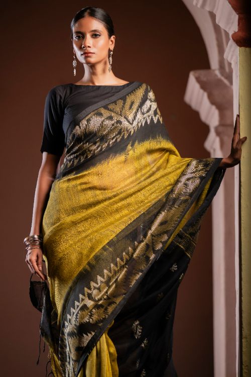 TICH Exclusive Handwoven Bengal Linen Jamdani Saree - Kanaka Dhara