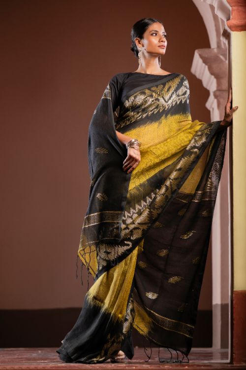 TICH Exclusive Handwoven Bengal Linen Jamdani Saree - Kanaka Dhara