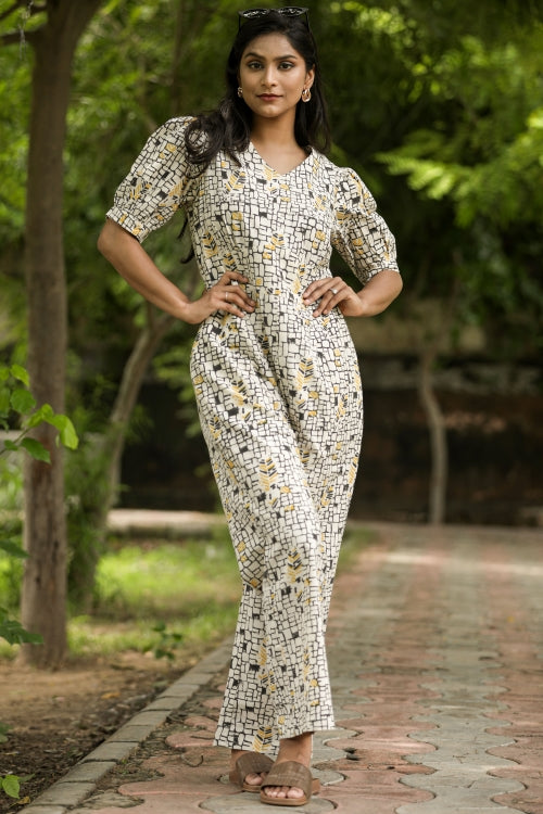 Yellow Black Bee Hand Block Printed Jumpsuit