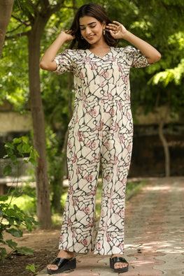 Red Housefly Hand Block Printed Jumpsuit