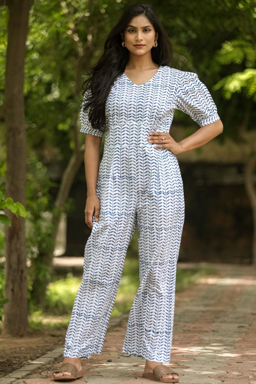 Sooti Syahi Blue Leaves Hand Block Printed  Jumpsuit