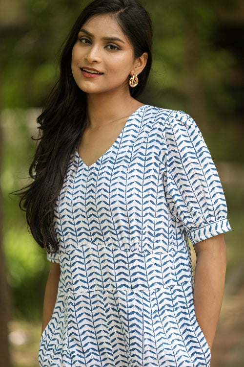 Sooti Syahi Blue Leaves Hand Block Printed  Jumpsuit