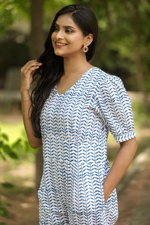 Sooti Syahi Blue Leaves Hand Block Printed  Jumpsuit