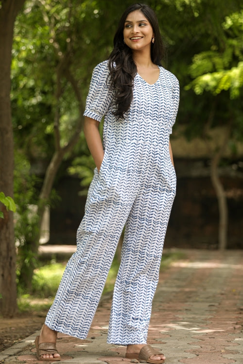 Sooti Syahi Blue Leaves Hand Block Printed  Jumpsuit