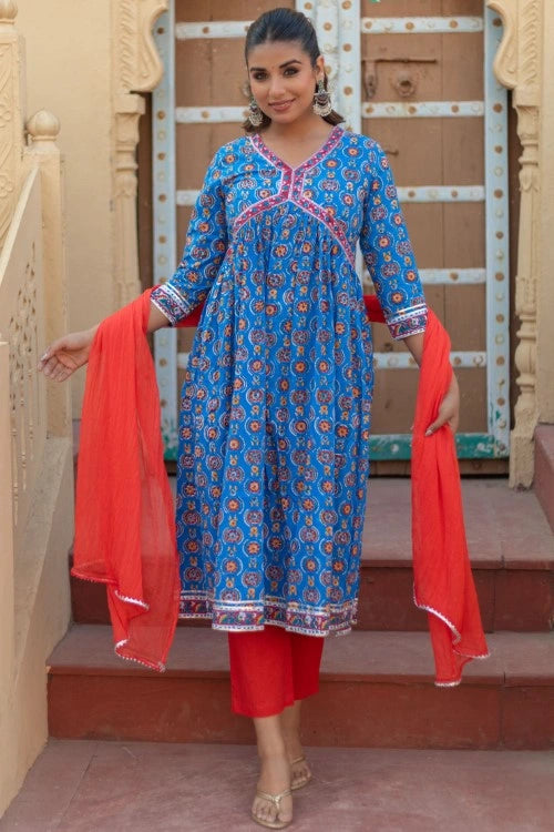 Sootisyahi -“Azure Medallions” Hand Block Printed Cotton Suit Set