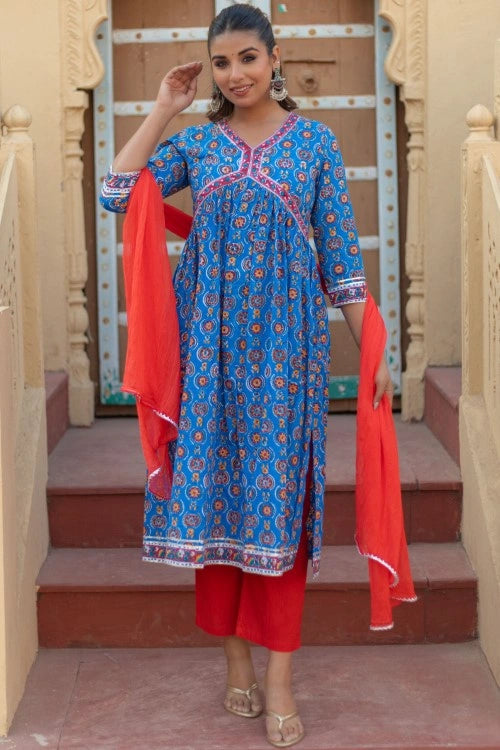 Sootisyahi -“Azure Medallions” Hand Block Printed Cotton Suit Set