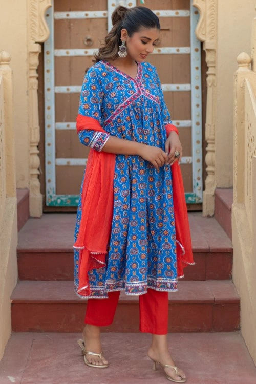 Sootisyahi -“Azure Medallions” Hand Block Printed Cotton Suit Set