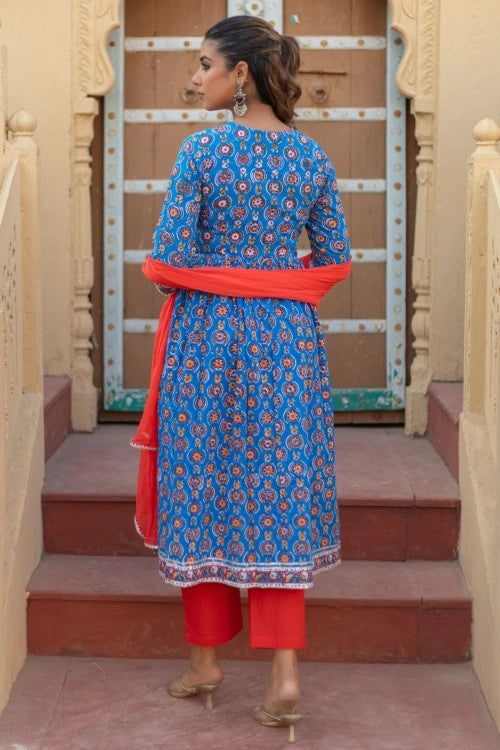 Sootisyahi -“Azure Medallions” Hand Block Printed Cotton Suit Set