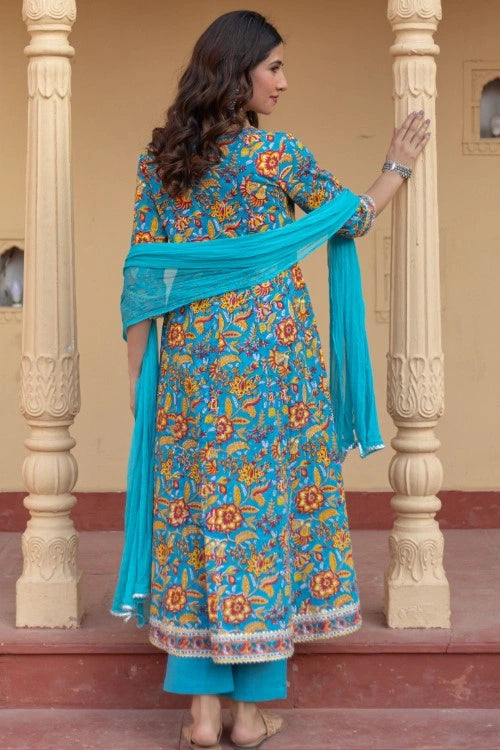 Sootisyahi -“Turquoise Festival" Hand Block Printed Cotton Suit Set
