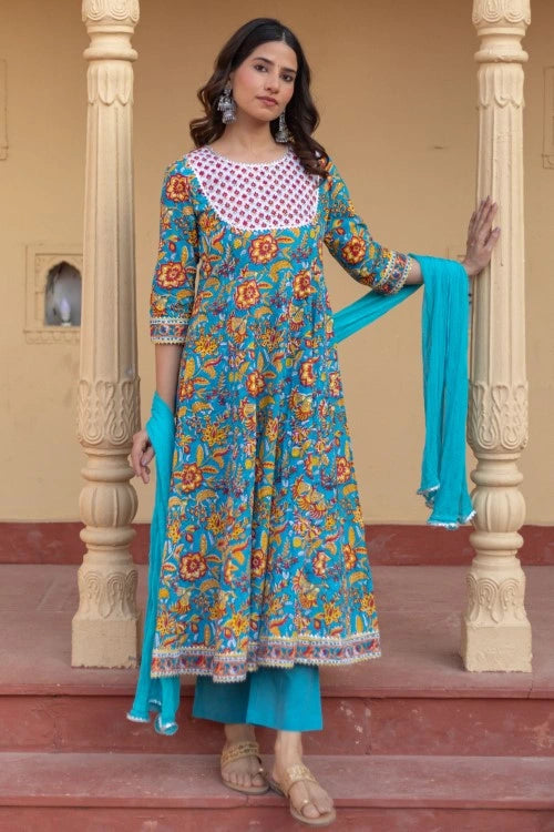 Sootisyahi -“Turquoise Festival" Hand Block Printed Cotton Suit Set