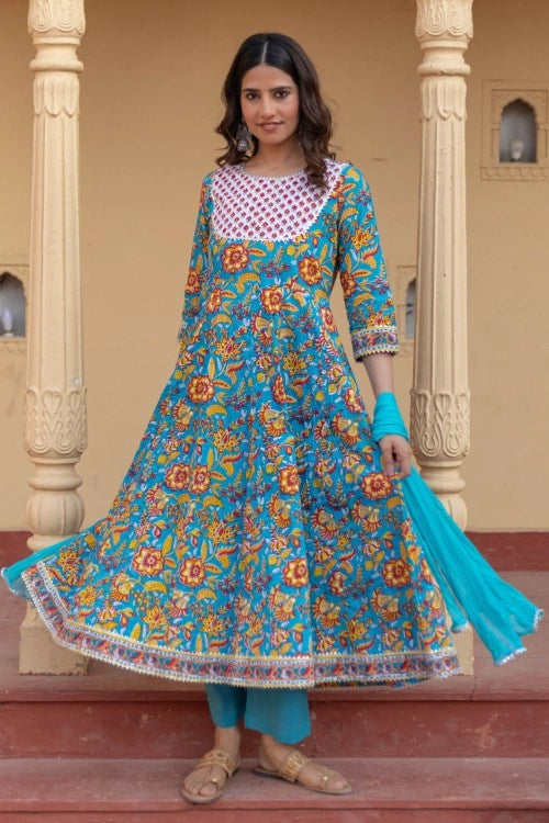 Sootisyahi -“Turquoise Festival" Hand Block Printed Cotton Suit Set