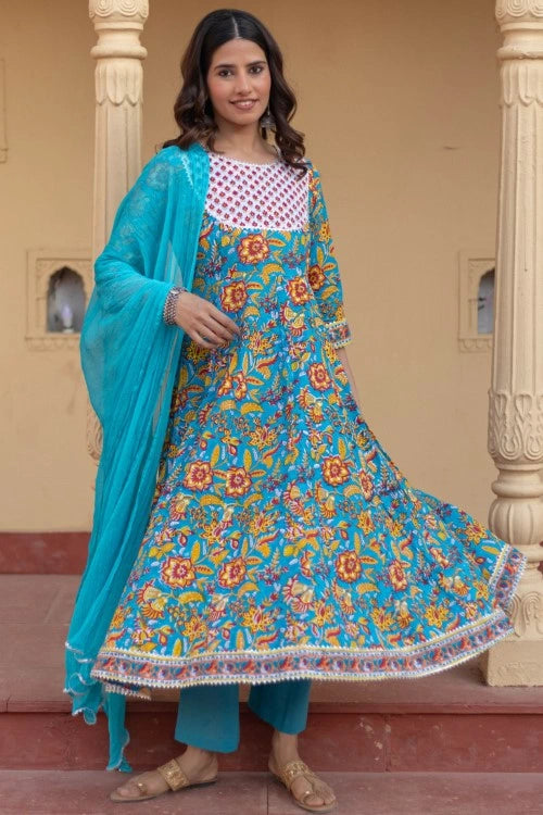 Sootisyahi -“Turquoise Festival" Hand Block Printed Cotton Suit Set