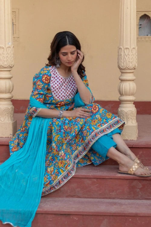 Sootisyahi -“Turquoise Festival" Hand Block Printed Cotton Suit Set