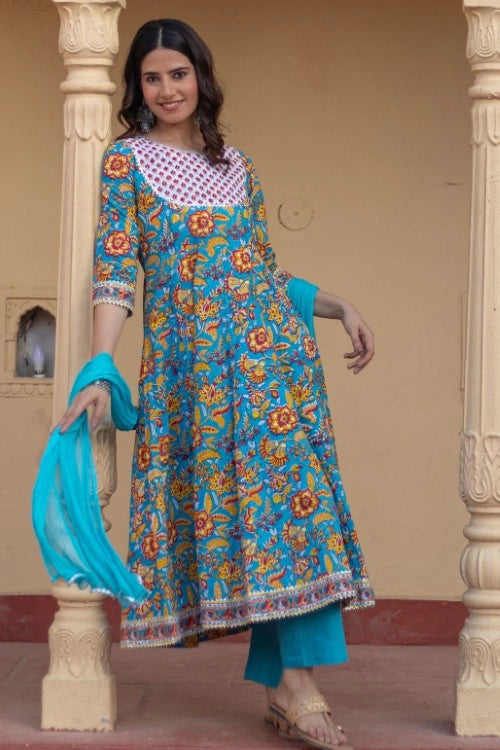 Sootisyahi -“Turquoise Festival" Hand Block Printed Cotton Suit Set