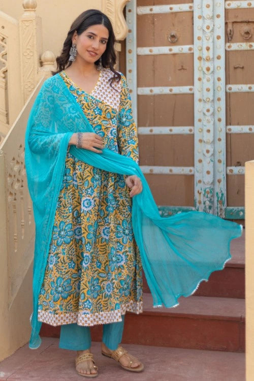 Sootisyahi -“Azure Elegance” Hand Block Printed Cotton Suit Set