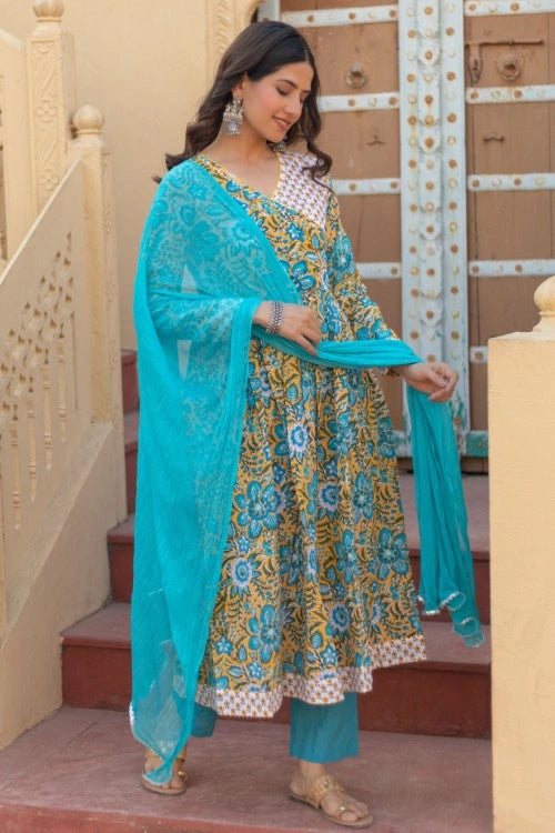 Sootisyahi -“Azure Elegance” Hand Block Printed Cotton Suit Set