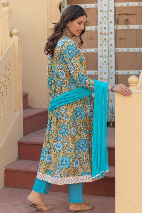 Sootisyahi -“Azure Elegance” Hand Block Printed Cotton Suit Set