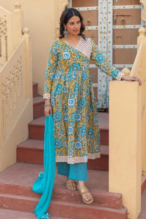 Sootisyahi -“Azure Elegance” Hand Block Printed Cotton Suit Set