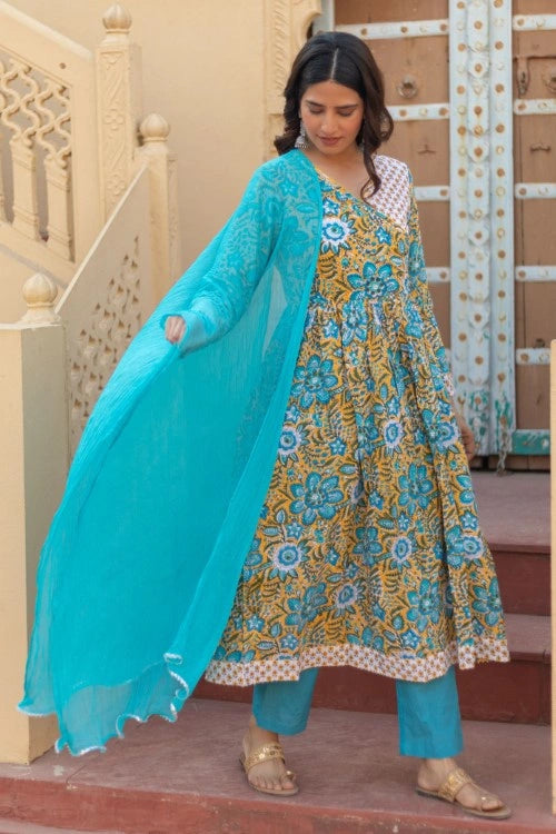 Sootisyahi -“Azure Elegance” Hand Block Printed Cotton Suit Set