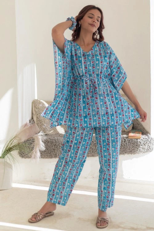 Sootisyahi -Azure-Stripes-Hand-Block-Printed-Kaftan-Set