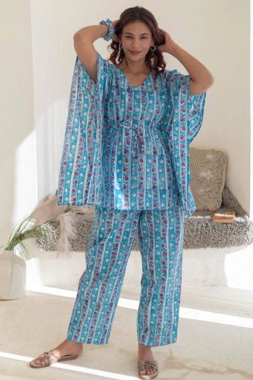 Sootisyahi -Azure-Stripes-Hand-Block-Printed-Kaftan-Set