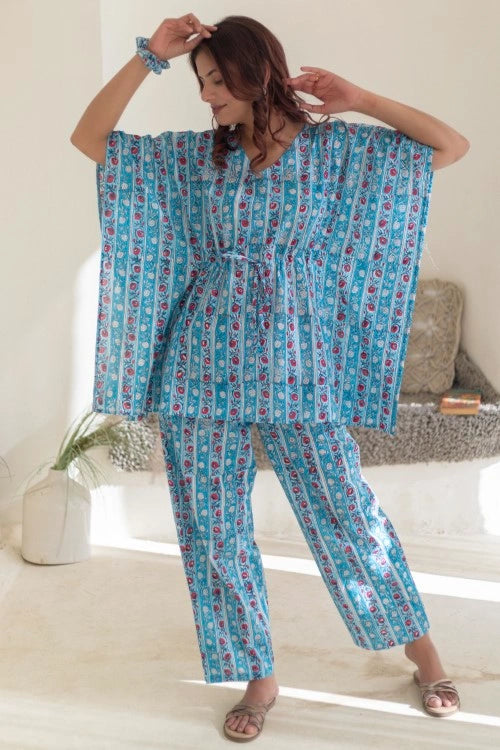 Sootisyahi -Azure-Stripes-Hand-Block-Printed-Kaftan-Set