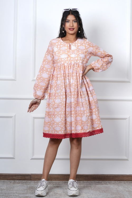 Sooti Syahi Bliss Peach Hand Block Printed Dress