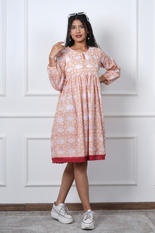 Sooti Syahi Bliss Peach Hand Block Printed Dress