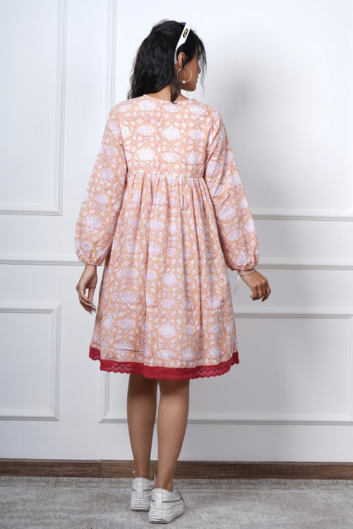 Sooti Syahi Bliss Peach Hand Block Printed Dress