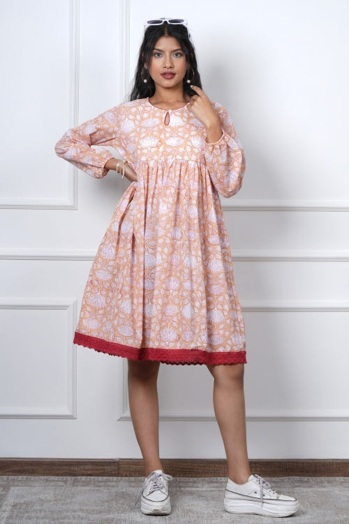 Sooti Syahi Bliss Peach Hand Block Printed Dress