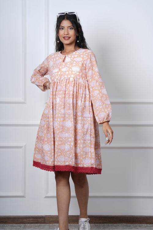 Sooti Syahi Bliss Peach Hand Block Printed Dress