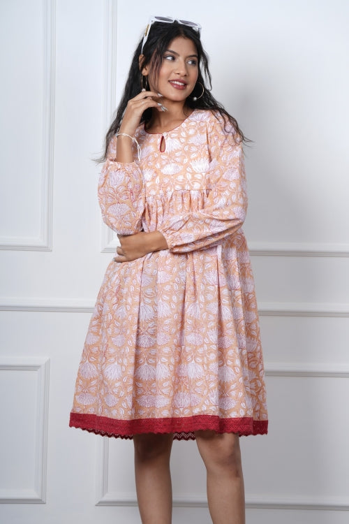 Sooti Syahi Bliss Peach Hand Block Printed Dress