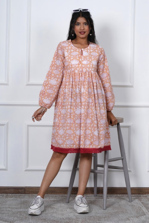 Sooti Syahi Bliss Peach Hand Block Printed Dress