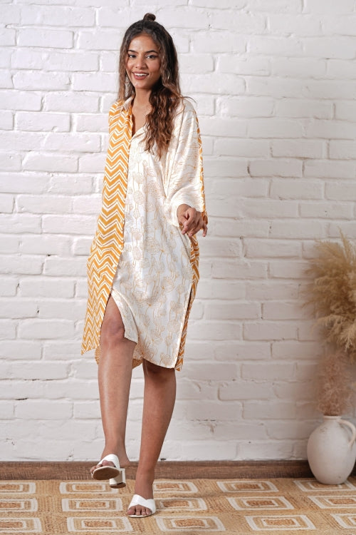 Sooti Syahi Jazzie Yellow Hand Block Printed Oversize Shirt