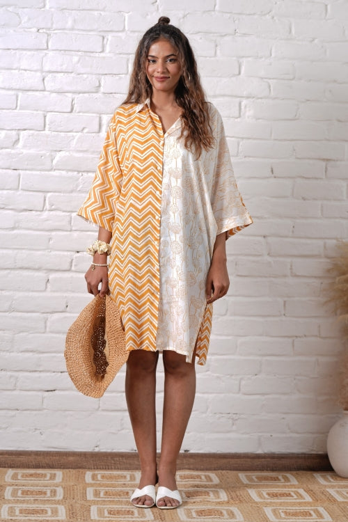 Sooti Syahi Jazzie Yellow Hand Block Printed Oversize Shirt
