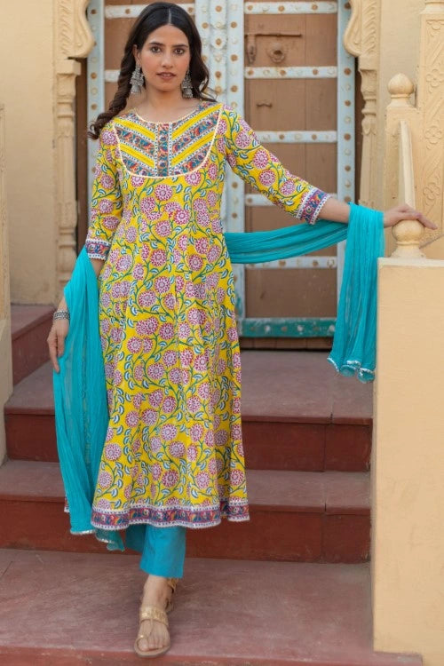 Sootisyahi -“Golden Bloom” Hand Block Printed Cotton Suit Set