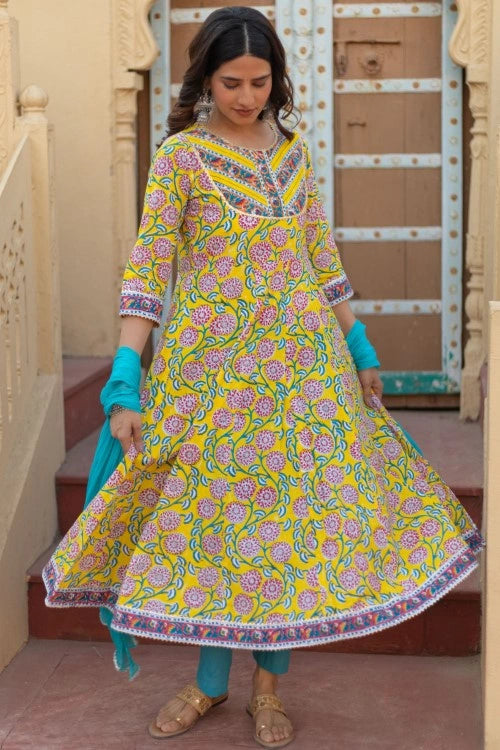 Sootisyahi -“Golden Bloom” Hand Block Printed Cotton Suit Set