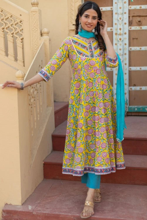 Sootisyahi -“Golden Bloom” Hand Block Printed Cotton Suit Set