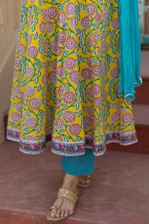 Sootisyahi -“Golden Bloom” Hand Block Printed Cotton Suit Set